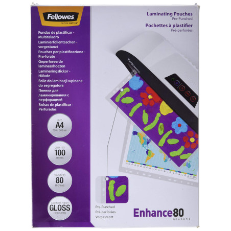 Pochettes de plastification Fellowes au format A4, 80 microns, Pack de 100 Feuilles à plastifier, Finition Brillante et de Haute