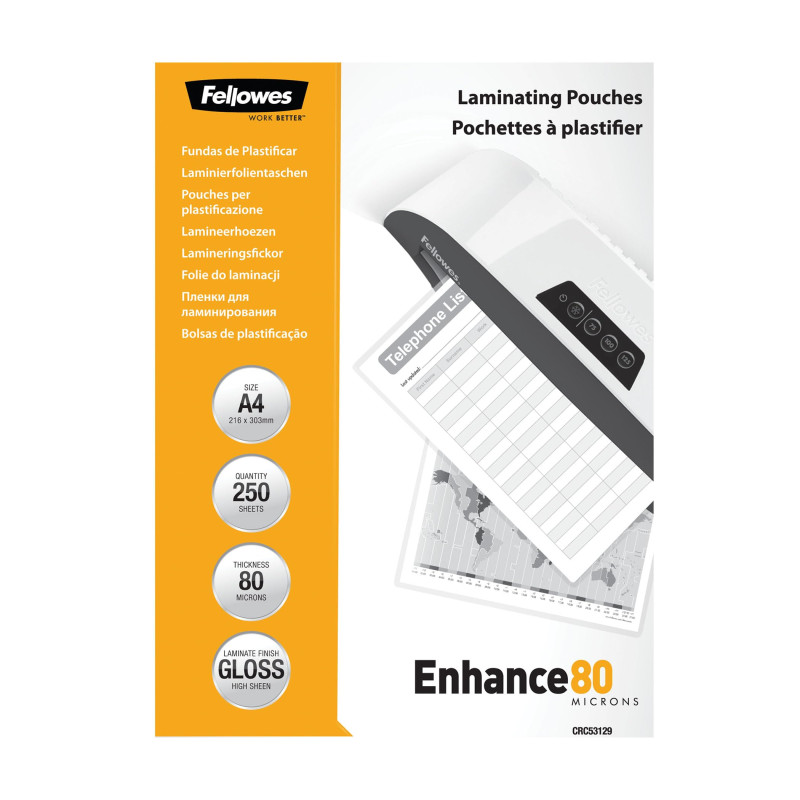 Fellowes 5312903 Enhance Pochettes de plastification brillantes A4 80 microns - Pack de 250 Transparent Fellowes 5312903 Enhance Pochettes de plastification brillantes A4 80 microns - Pack de 250 Transparent
