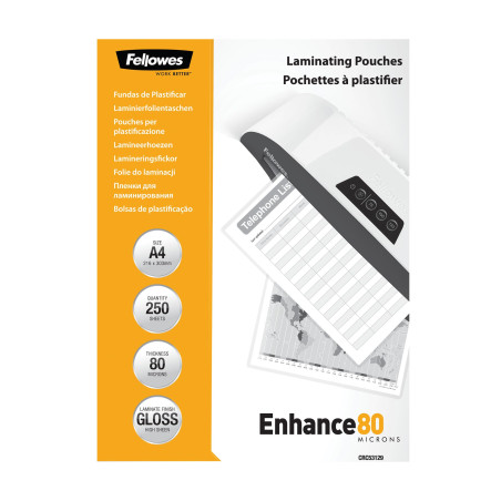 Fellowes 5312903 Enhance Pochettes de plastification brillantes A4 80 microns - Pack de 250 Transparent