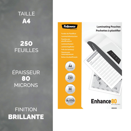 Fellowes 5312903 Enhance Pochettes de plastification brillantes A4 80 microns - Pack de 250 Transparent
