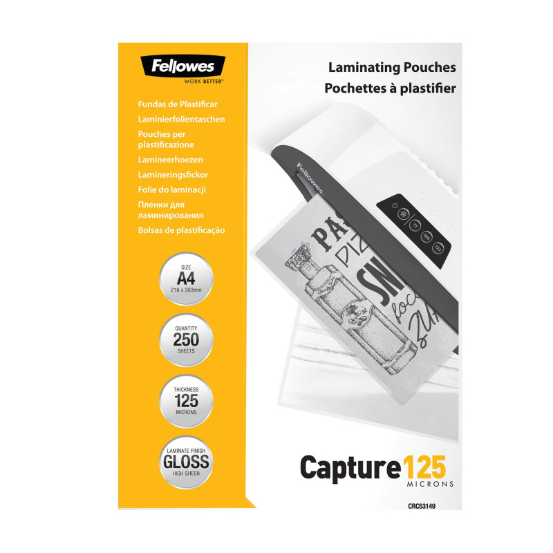 Pochettes de plastification Fellowes au format A4, 125 microns, Pack de 250 Feuilles à plastifier, Finition Brillante et de Haut Pochettes de plastification Fellowes au format A4, 125 microns, Pack de 250 Feuilles à plastifier, Finition Brillante et de Haut