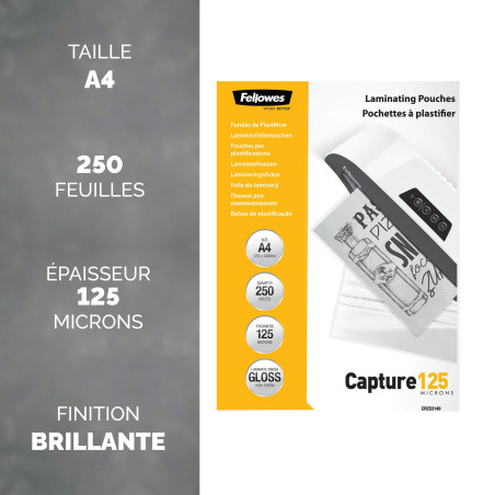 Pochettes de plastification Fellowes au format A4, 125 microns, Pack de 250 Feuilles à plastifier, Finition Brillante et de Haut