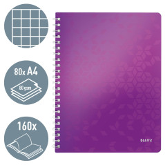 Leitz, Cahier à spirales A4 PP quadrillé, 160 pages 80g/m², Leitz WOW, Violet, 46380062