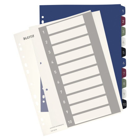 Leitz Intercalaires 1-10, Imprimable sur PC, A4, Plastique Ultra-Résistant, Extra-Large, Blanc/Multicolore, Style, 12370000