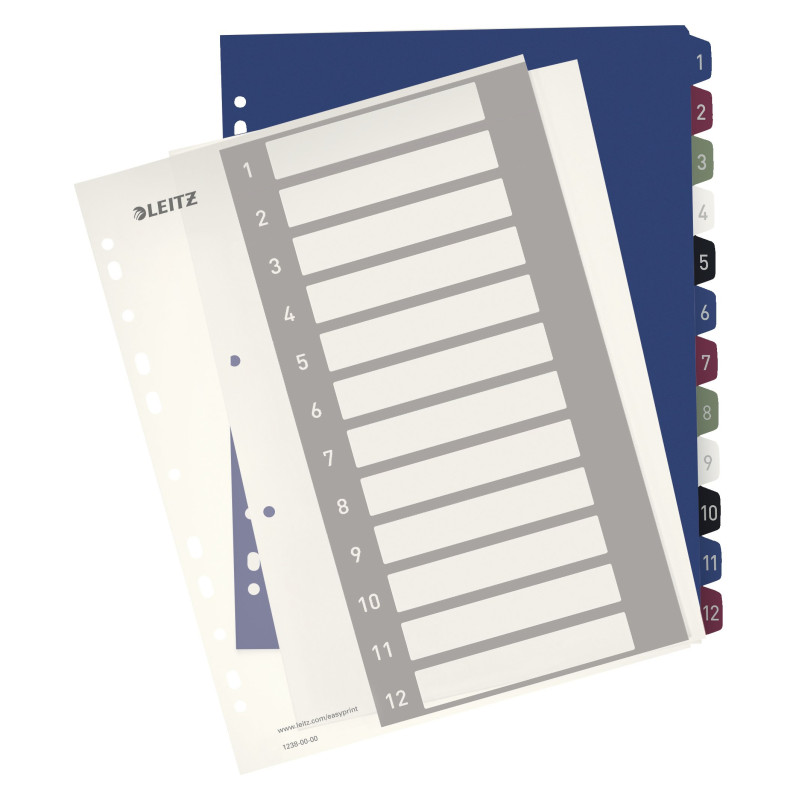 Leitz Intercalaires 1-12, Imprimable sur PC, A4, Plastique Ultra-Résistant, Extra-Large, Blanc/Multicolore, Style, 12380000 Leitz Intercalaires 1-12, Imprimable sur PC, A4, Plastique Ultra-Résistant, Extra-Large, Blanc/Multicolore, Style, 12380000