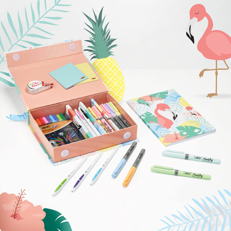 BIC My Stationery Box - 28 Produits d'Ecriture, 10 Feutres/6 Stylos-Bille/4 Surligneurs/1 Ruban Correcteur/5 Marqueurs Permanent