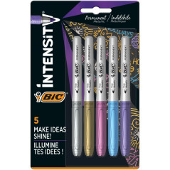 BIC Marqueurs permanents métalliques - Lot de 5 - Variété de couleurs métalliques - Pour surfaces sombres et claires - Faible od