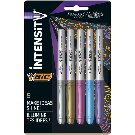 BIC Marqueurs permanents métalliques - Lot de 5 - Variété de couleurs métalliques - Pour surfaces sombres et claires - Faible od