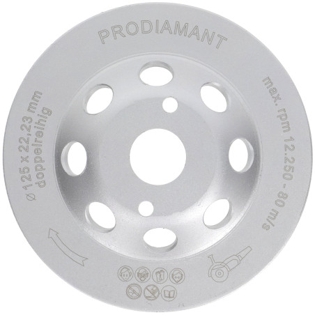 PRODIAMANT Meule boisseau diamantée 125 mm universelle pour béton et pierre - Double rangée, fixation 22,2 mm