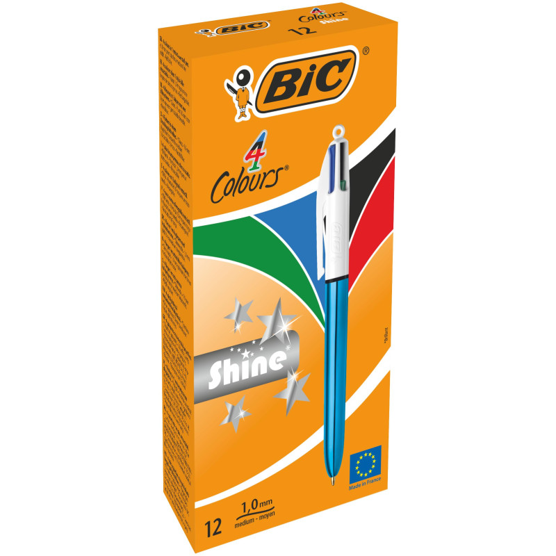 BIC 4 Couleurs Shine Stylos-Bille Rétractables Pointe Moyenne (1,0 mm) - Corps Bleu Métallisé, Boîte de 12 BIC 4 Couleurs Shine Stylos-Bille Rétractables Pointe Moyenne (1,0 mm) - Corps Bleu Métallisé, Boîte de 12