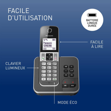 Panasonic KX-TGD320FRG Téléphone Numérique Sans Fil Répondeur Numérique, Base et Combiné, Haut-Parleur Mains Libres, Identificat
