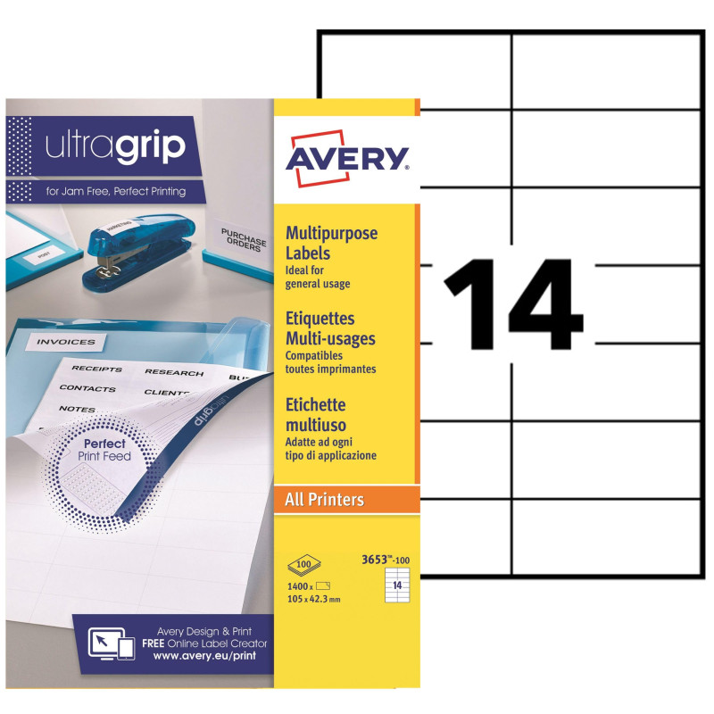 AVERY - 1400 Étiquettes Multi-Usages UltraGrip Personnalisables - Sans Bourrage - Format 105 x 42,3 mm - Impression Laser, Jet d AVERY - 1400 Étiquettes Multi-Usages UltraGrip Personnalisables - Sans Bourrage - Format 105 x 42,3 mm - Impression Laser, Jet d