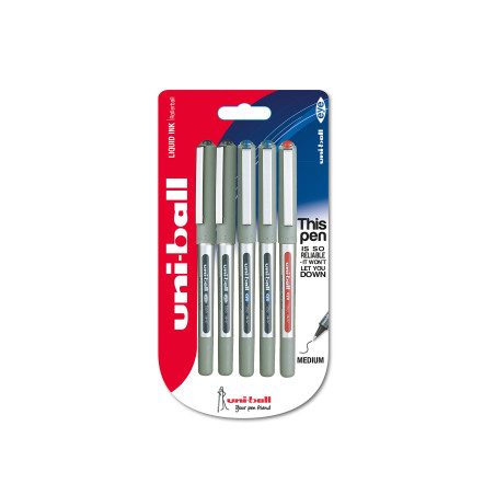 Uniball Eye Fine UB-157 Pack de 5 Stylos à bille pointe 0,7 mm Noir/Bleu/Rouge