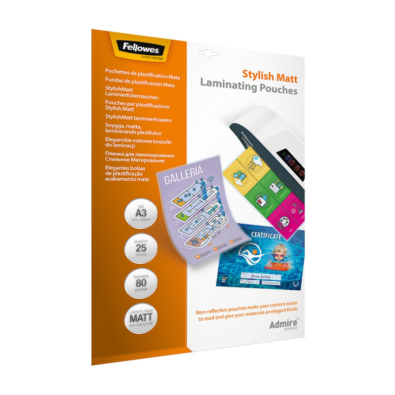 Pochettes de plastification Fellowes au format A3, 80 microns, Pack de 25 Feuilles à plastifier, Finition Mate et de Haute Quali Pochettes de plastification Fellowes au format A3, 80 microns, Pack de 25 Feuilles à plastifier, Finition Mate et de Haute Quali