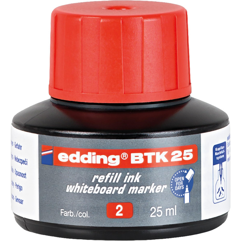 edding BTK 25 Recharge d'encre marqueurs pour tableaux blancs - rouge - 25 ml - système de capillarité, pour recharger rapidemen edding BTK 25 Recharge d'encre marqueurs pour tableaux blancs - rouge - 25 ml - système de capillarité, pour recharger rapidemen