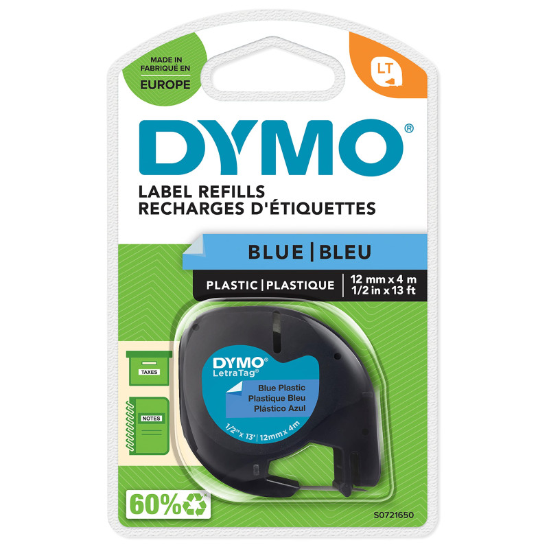 DYMO LetraTag Étiquettes en plastique Authentique | 12 mm x 4 m | impression en noir sur fond bleu | Étiquettes autocollantes po DYMO LetraTag Étiquettes en plastique Authentique | 12 mm x 4 m | impression en noir sur fond bleu | Étiquettes autocollantes po