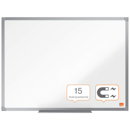 Nobo Tableau Blanc Acier Magnétique, 600 x 450mm, Cadre Aluminium, Montage Mural par les Coins, Porte-Marqueur Inclus, Essence,