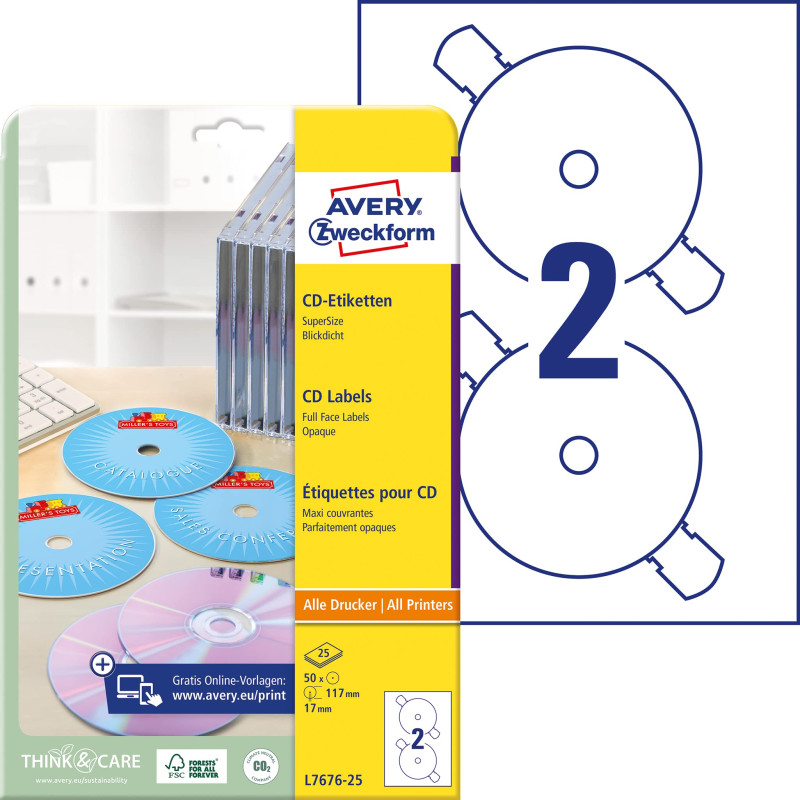Avery Zweckform L7676-25 Paquet de 25 feuilles d'étiquettes à CD SuperSize opaques Ø 117 mm (Import Allemagne) Avery Zweckform L7676-25 Paquet de 25 feuilles d'étiquettes à CD SuperSize opaques Ø 117 mm (Import Allemagne)