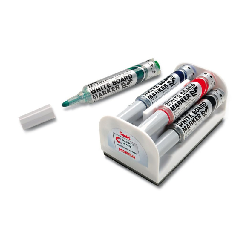Pentel Maxiflo Brosse pour tableau blanc + 4 Marqueurs à pointe conique large Noir/Bleu/Rouge/Vert Pentel Maxiflo Brosse pour tableau blanc + 4 Marqueurs à pointe conique large Noir/Bleu/Rouge/Vert