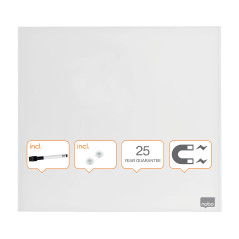 Nobo - Petit Tableau Blanc Mural Carré, Surface Magnétique en Verre Effaçable à Sec, Sans Cadre, Fixations Invisibles, 450 x 450