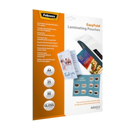 Fellowes pochettes de plastification Admire pré-pliées Easy Fold, A4 80 microns lot de 25, finition brillante