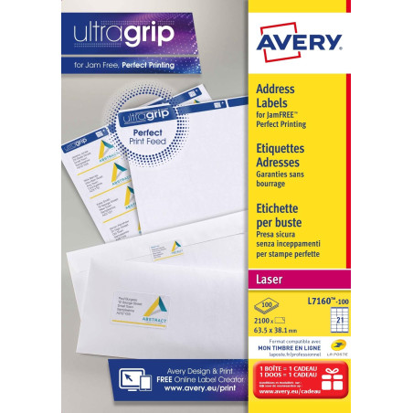 Avery Étiquettes Autocollantes Blanches, 2100 Pièces, L7160-100, 63,5 x 38,1 mm, Papier A4, Feuille A4, Pour Imprimantes Laser, 