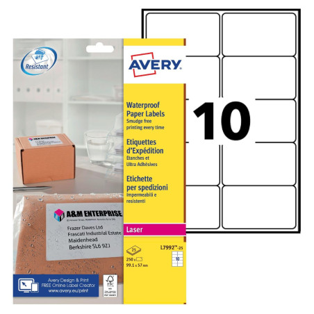 Avery - L7992-25 - 250 Étiquettes d'expédition ultra résistantes - 99,1x57 mm - Blanc