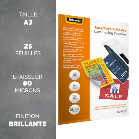 Pochettes de plastification Fellowes au format A3 à dos adhésif, 80 microns, Pack de 25 Feuilles à plastifier, Finition Brillant