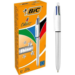 BIC 4 Couleurs Shine Stylos-Bille Rétractables Pointe Moyenne (1,0 mm) - Corps Argenté Métallisé, Boîte de 12
