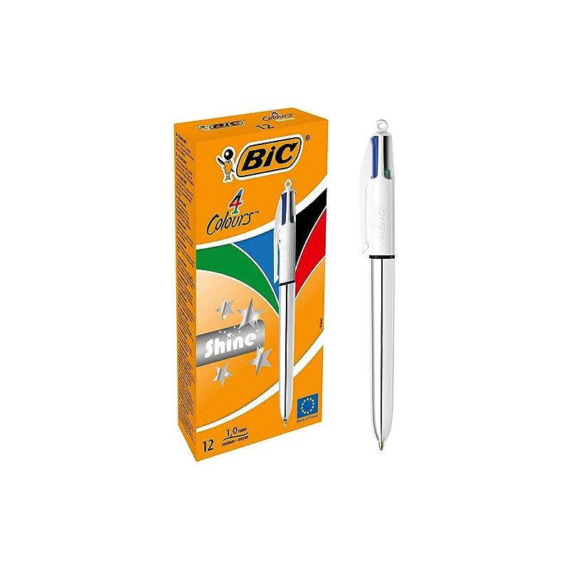 BIC 4 Couleurs Shine Stylos-Bille Rétractables Pointe Moyenne (1,0 mm) - Corps Argenté Métallisé, Boîte de 12 BIC 4 Couleurs Shine Stylos-Bille Rétractables Pointe Moyenne (1,0 mm) - Corps Argenté Métallisé, Boîte de 12