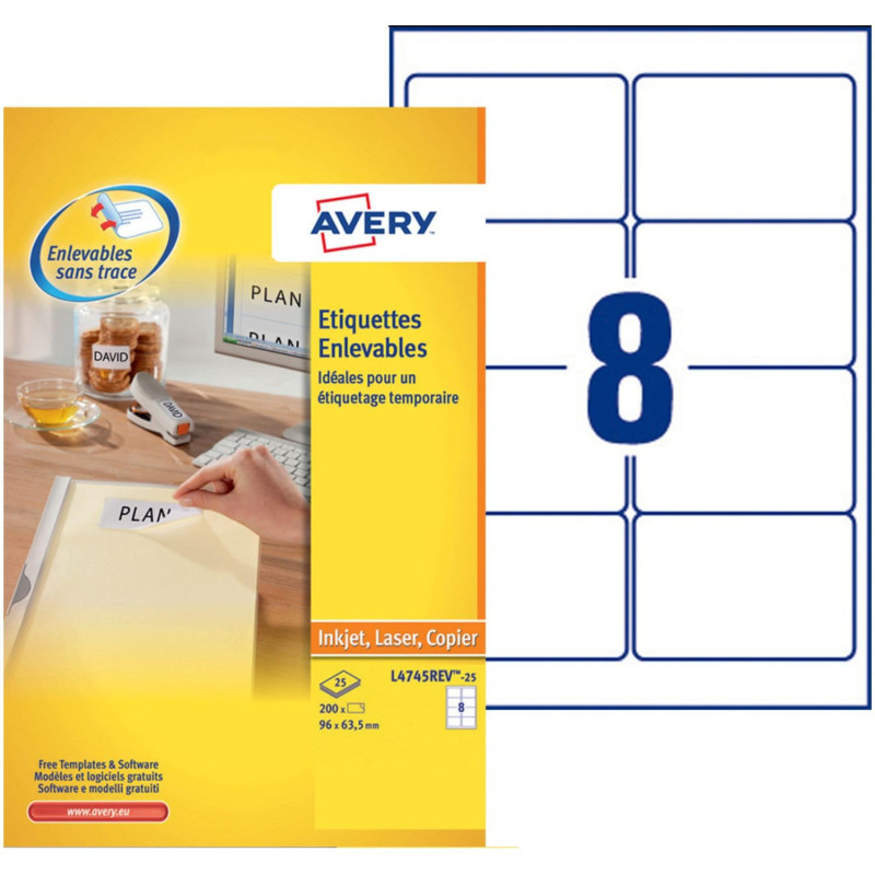 AVERY - 200 Étiquettes Amovibles Blanches Personnalisables - Format 96 x 63, 5 mm - Impression Laser et Jet d'Encre AVERY - 200 Étiquettes Amovibles Blanches Personnalisables - Format 96 x 63, 5 mm - Impression Laser et Jet d'Encre