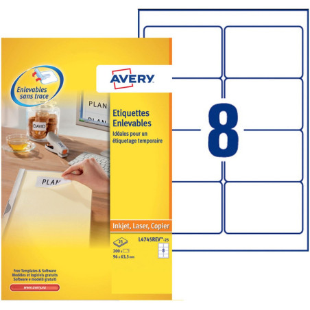 AVERY - 200 Étiquettes Amovibles Blanches Personnalisables - Format 96 x 63, 5 mm - Impression Laser et Jet d'Encre