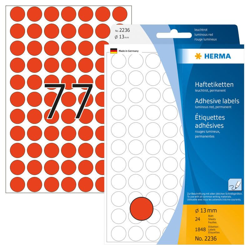 Herma 2236 Étiquettes universelles diamètre 13 mm 1848 pièces fluo Rouge fluo Herma 2236 Étiquettes universelles diamètre 13 mm 1848 pièces fluo Rouge fluo