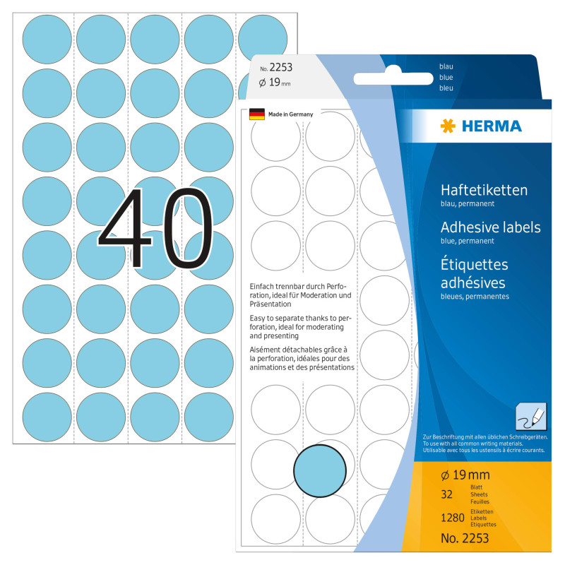 Herma 2253 Étiquettes universelles support perforé diamètre 19 mm 1280 pièces Bleu Herma 2253 Étiquettes universelles support perforé diamètre 19 mm 1280 pièces Bleu