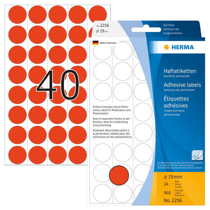 Herma 2256 Étiquettes universelles support perforé diamètre 19 mm 960 pièces Rouge fluo Herma 2256 Étiquettes universelles support perforé diamètre 19 mm 960 pièces Rouge fluo