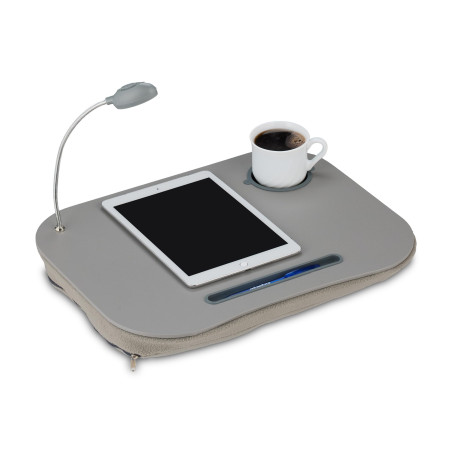 Relaxdays Support pour pc Genoux pour Ordinateur Portable Table de lit + Lampe + Porte gobelet, Gris