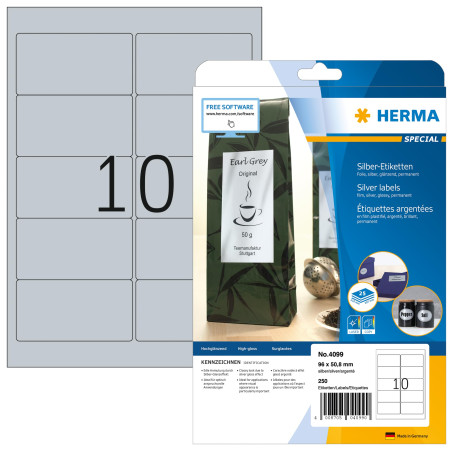 Herma 4099 Étiquettes en plastique 96 x 50,8 A4 LaserCopy Argenté