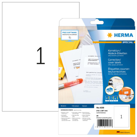 Herma 4230 Étiquettes correction/couverte 210 x 297 A4 Blanc