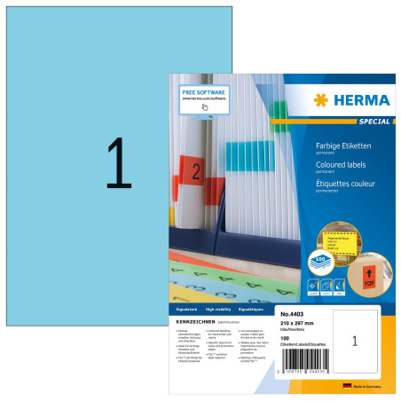 Herma 4403 Étiquettes 210 x 297 A4 100 pièces Bleu