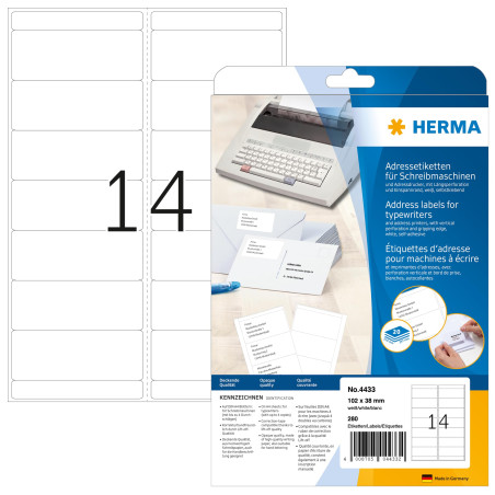 Herma 4433 Lot de 280 étiquettes d'adresse en papier mat pour machine à écrire A4 Blanc 102 x 38 mm