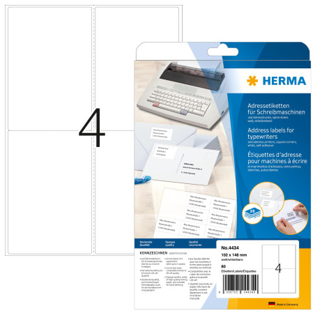 HERMA 4434 Lot de 80 étiquettes autocollantes pour machine à écrire Format A4 (102 x 148 mm, 20 feuilles, papier mat, coins arro