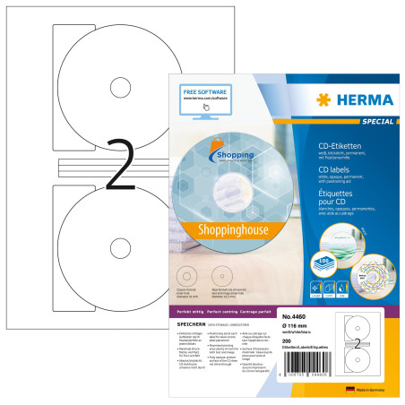 Herma 4460 Étiquettes maxi pour CD diamètre 116 A4 200 pièces Blanc