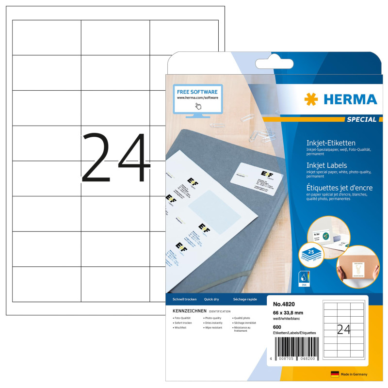 Herma 4820 Étiquettes jet d'encre 66 x 33,8 A4 600 pièces Blanc