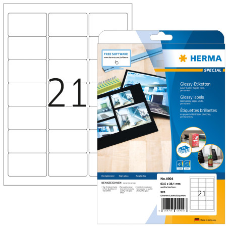 Herma 4904 Étiquettes haute brillance 63,5 x 38,1 A4 LC Blanc