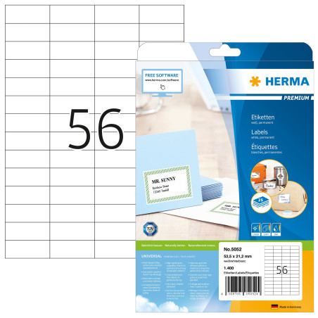 Herma 5052 Étiquettes 52,5 x 21,2 Premium A4 1400 pièces Blanc