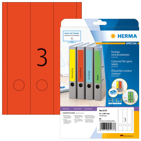 Herma 5137 Étiquettes classeur 61 x 297 A4 60 pièces Rouge