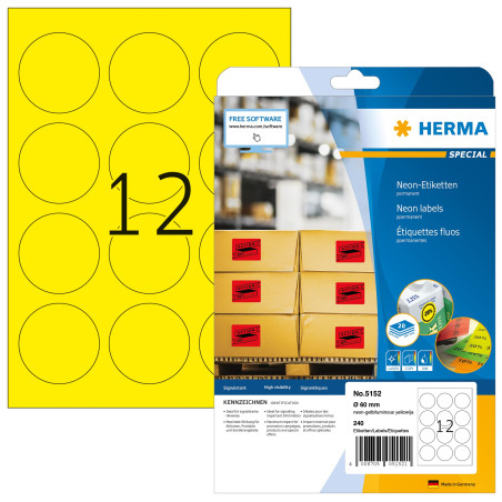 Herma 5152 Étiquettes diamètre 60 A4 LaserCopy 240 pièces Jaune fluo