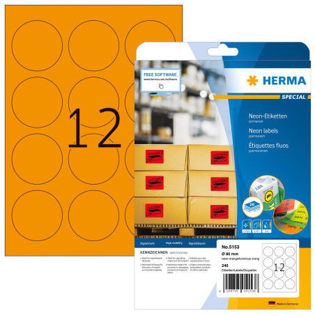Herma 5153 Étiquettes diamètre 60 A4 LaserCopy 240 pièces Orange fluo