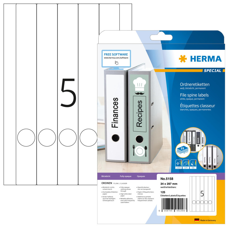 Herma 5158 Étiquettes classeur 34 x 297 A4 125 pièces Blanc Herma 5158 Étiquettes classeur 34 x 297 A4 125 pièces Blanc