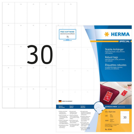 HERMA Lot de 30 étiquettes imprimables par feuille A4, 100 feuilles, 35 x 59,4 mm, 3000 pièces, vierges rectangulaires, pour bij